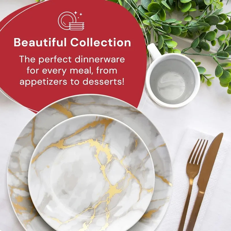 Marble Plates and Bowls Sets, Modern Kitchen 12-Piece Dinnerware Sets, Indoor and Outdoor Plates