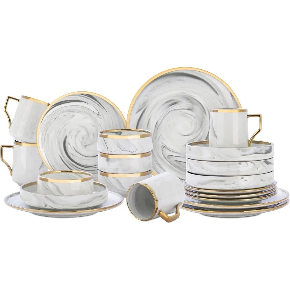 Fine China Artisan Marbled 20pc Dinnerware Set, Grey with Gold Line