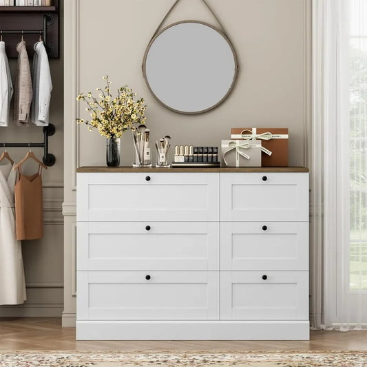 6 Drawer Dresser, White Dresser for Bedroom, Wood Chest of Drawers, Wide Double Dresser