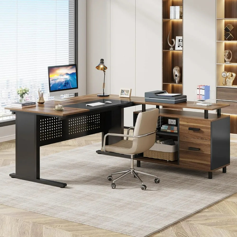 63 Inch Desk with File Cabinet, L Shaped Computer Desk with Drawers and Storage Shelves, Desk Workstation for Home and office