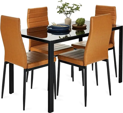 Glass Dining Set Modern Kitchen Table Furniture for Dining Room Dinette Compact Space-Saving w/Glass Tabletop PU Chairs