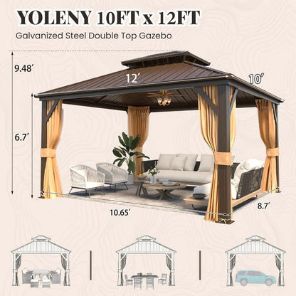 10' x 12' Hardtop Gazebo, Metal Gazebo with Aluminum Frame,Double Galvanized Steel Roof, Curtains and Netting Included