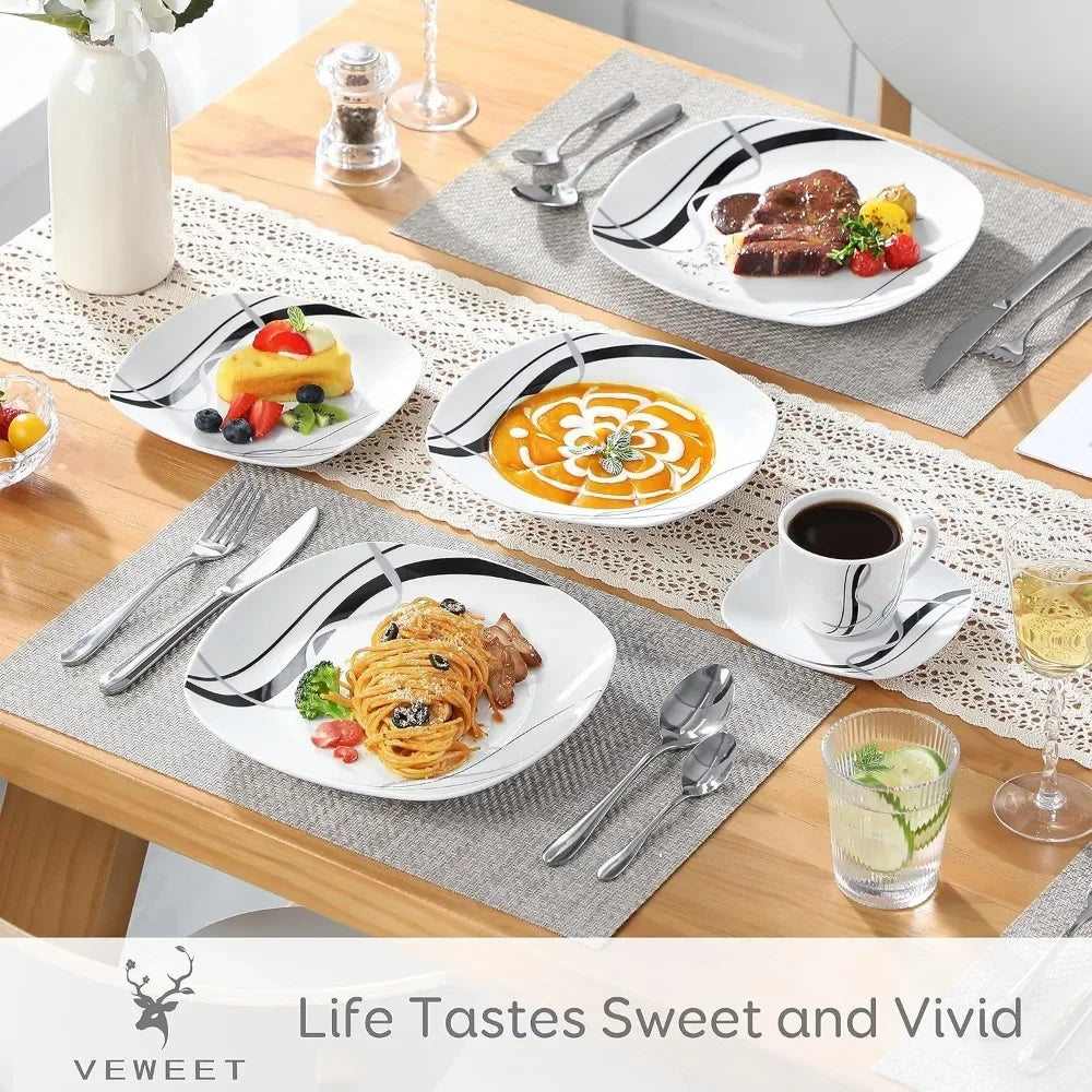 30-Piece Dinnerware Sets for 6, Porcelain Dinner Set Including Dessert Plates, Soup Plates, Dinner Plates, Cups & Saucers