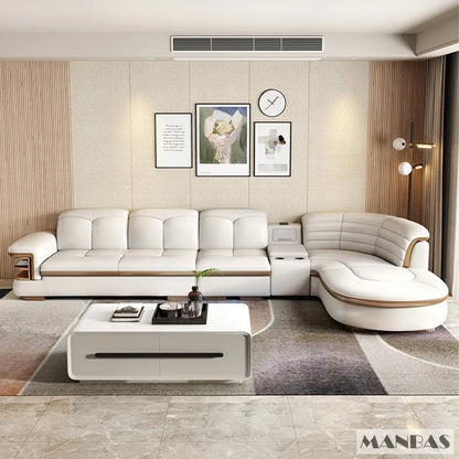 Luxury L-Shaped Genuine Leather Sectional Sofa Sets with USB, Bluetooth Speaker - Linlamlim Living Room Italian Leather Couches