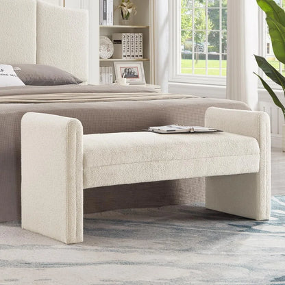 24KF Modern Boucle Teddy Lovely Bench, Upholstered Bed Bench Entryway Bench Ottoman with Armrest -Cream