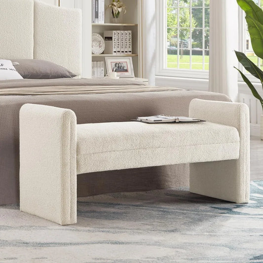 24KF Modern Boucle Teddy Lovely Bench, Upholstered Bed Bench Entryway Bench Ottoman with Armrest -Cream