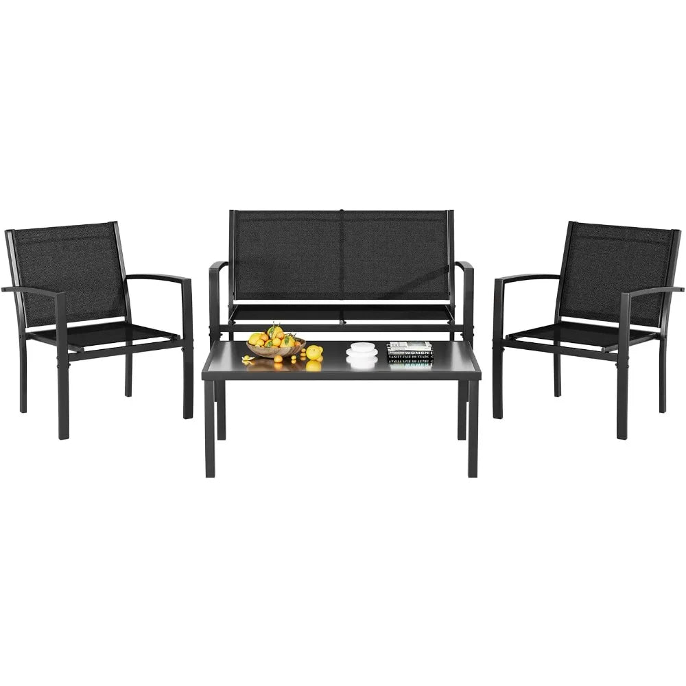 4 Pieces Patio Furniture Set, Outdoor Conversation Sets for Patio, Lawn, Garden, Poolside with A Glass Coffee Table, Black