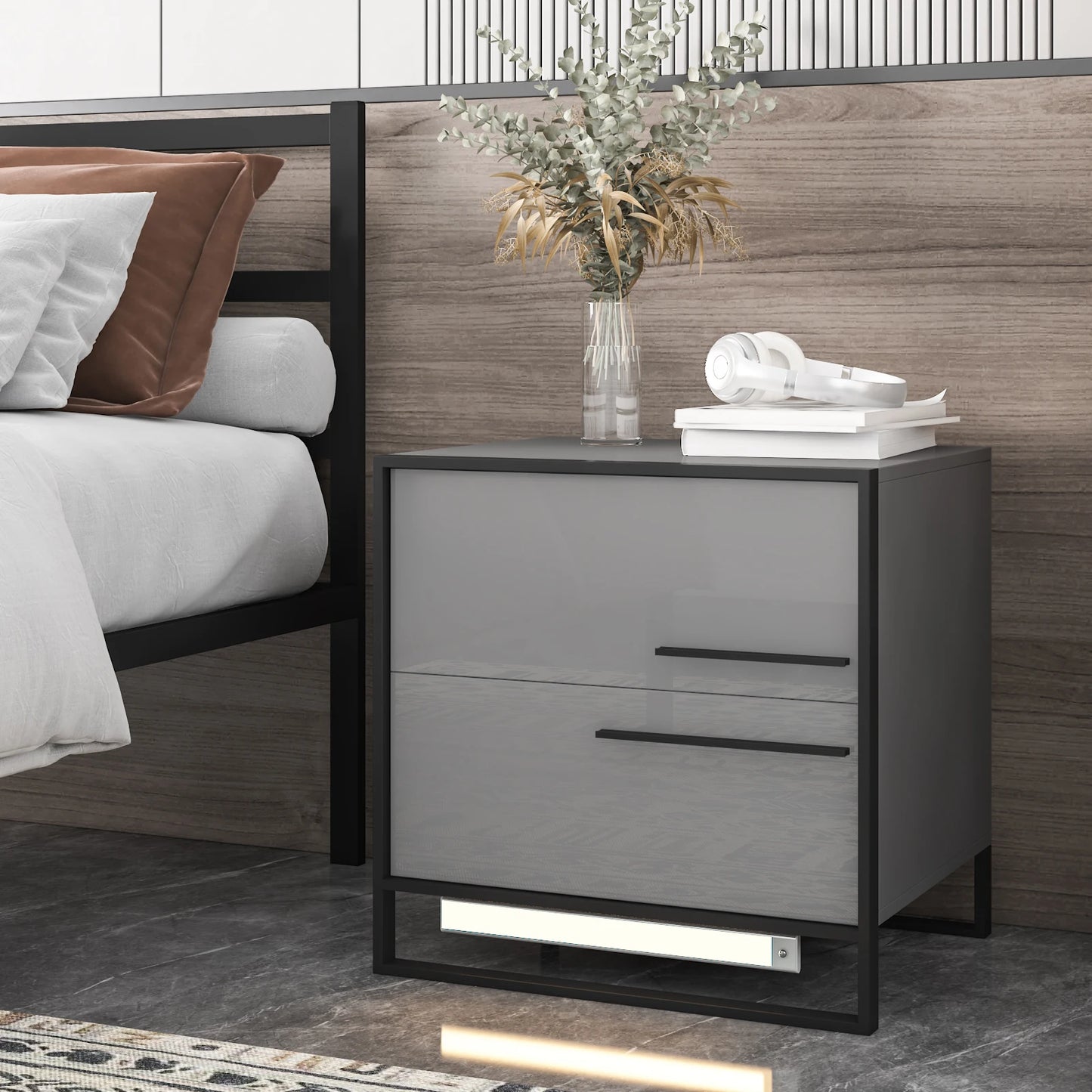 Auto Led Nightstand with High Gloss Drawer Grey Led Night Stand with Metal Frame Bedside Table with 3 Color Magnetic Wireless