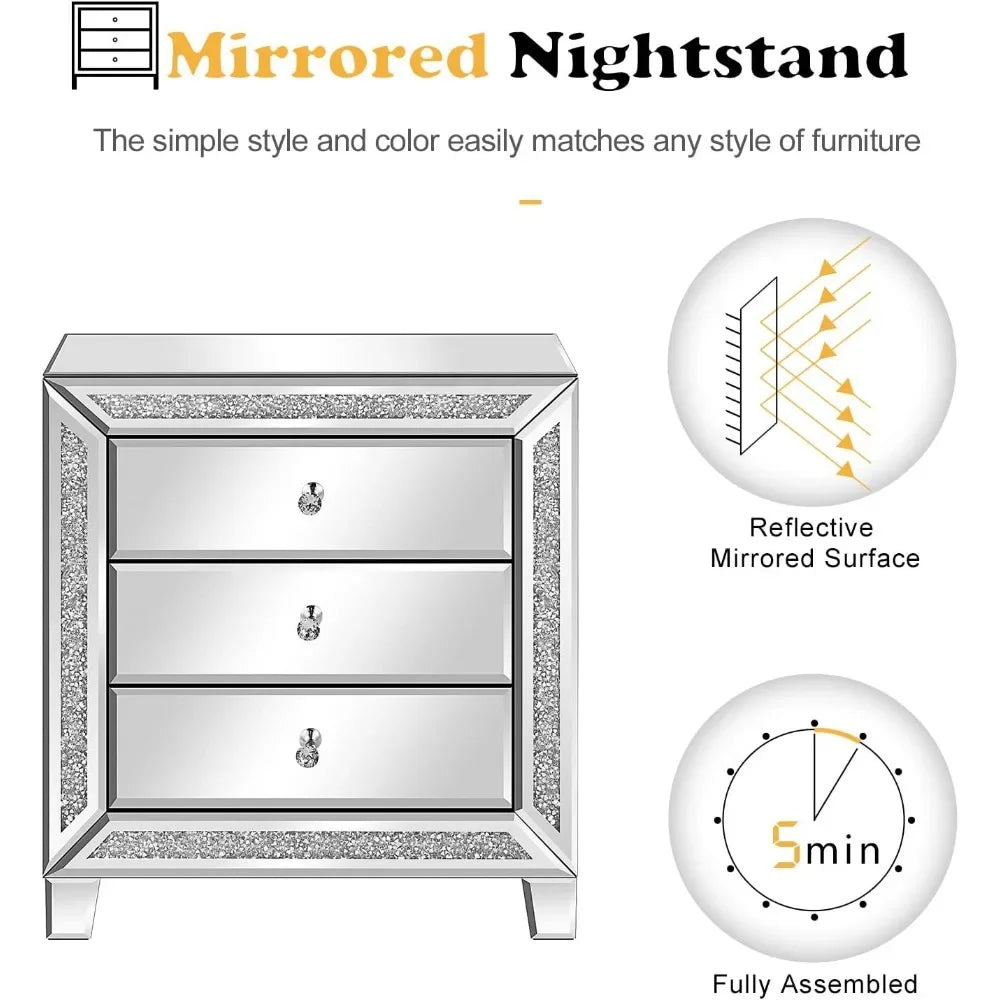 Mirrored Nightstand Glass End Table, 23" W Silver Mirrored Bedside Table with Storage, Glass