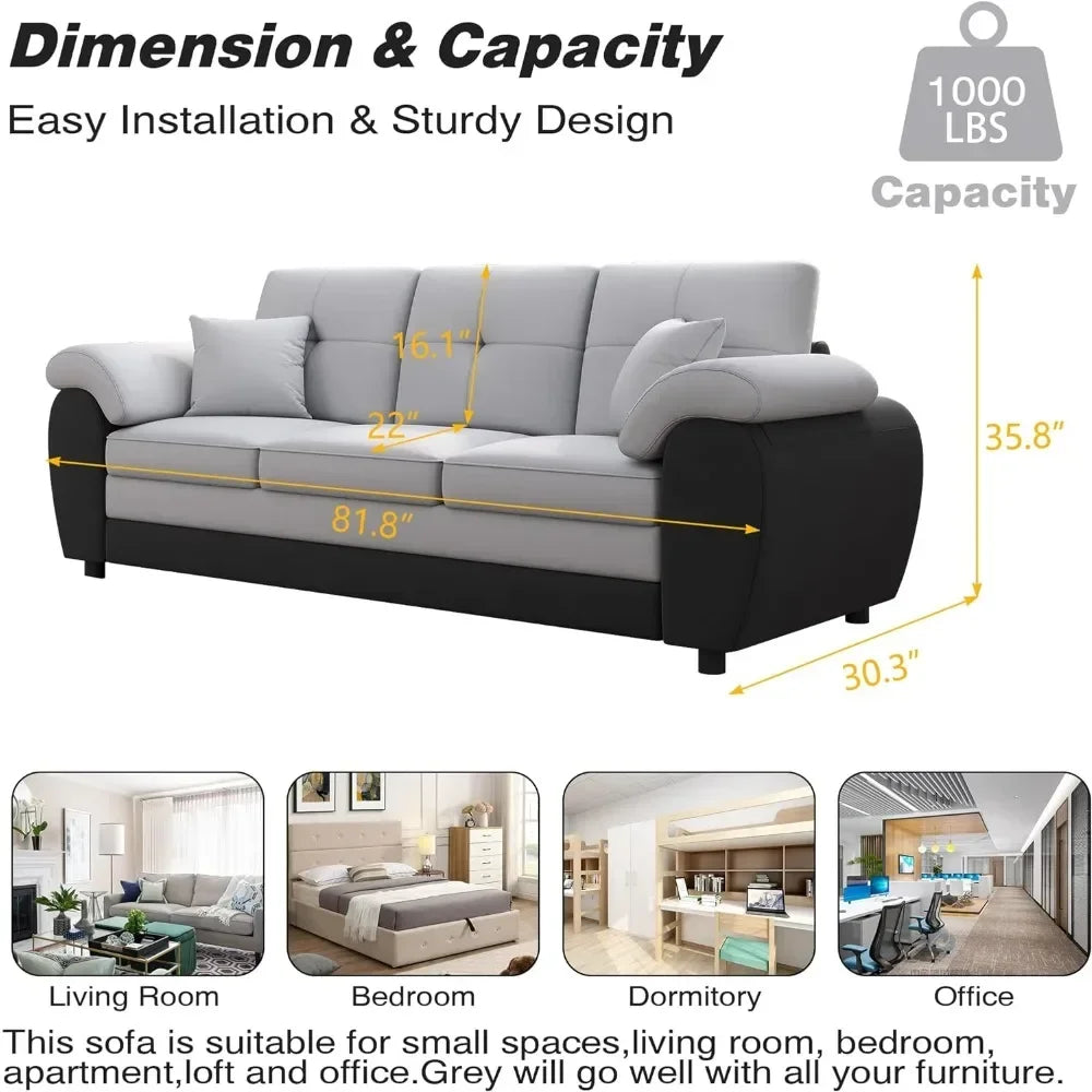 3 Seater Sofa, Mid-Century Modern Sofa Couch, 81.8" Chesterfield Velvet Upholstered Sofa with PU Armrest