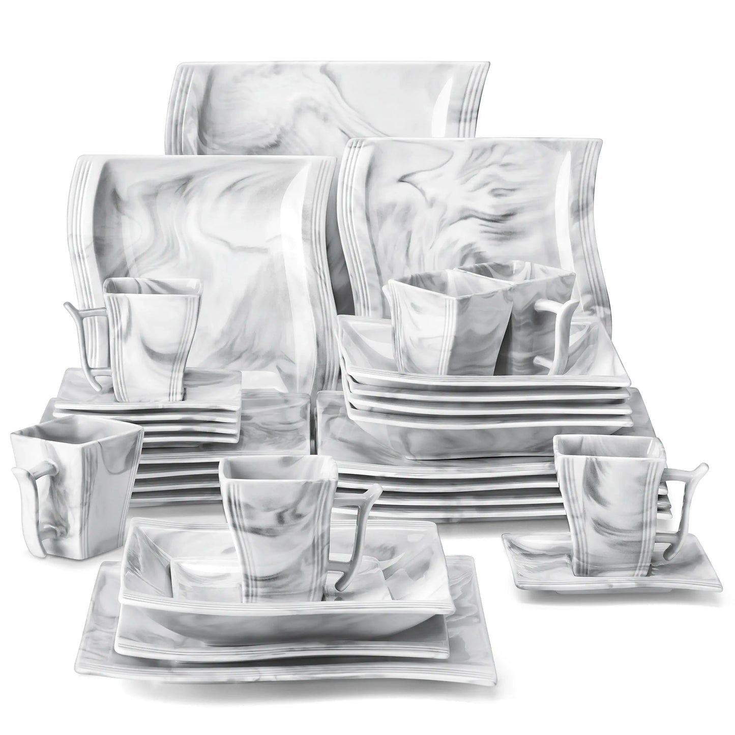 30/60PCS Marble Porcelain Dinnerware Set with 12*Dinner Plate, Dessert Plate, Soup Plate, Cups & Saucers Tableware Set