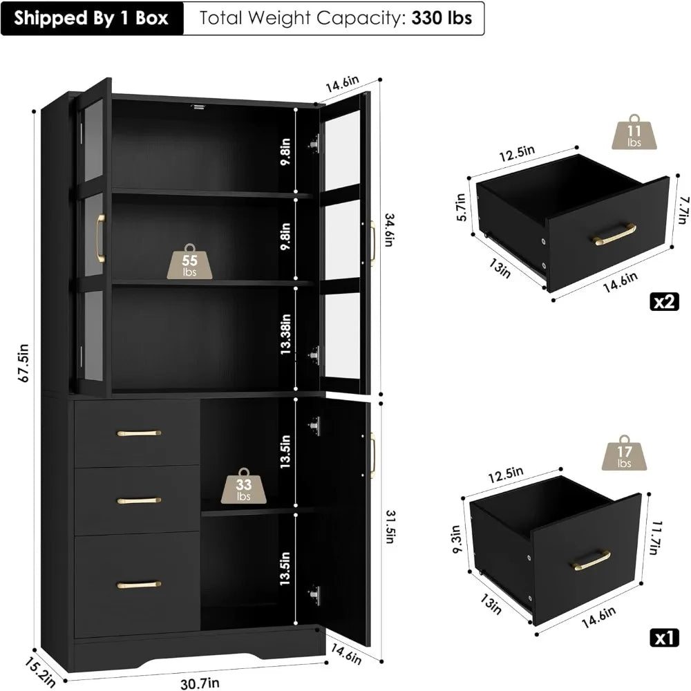 67”H Display Cabinet with Glass Displays Cabinets Doors & Shelves & 3 Drawers & Gold Handle, Modern Tall Storage Display Cabinet