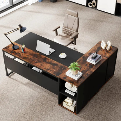 71-inch Executive Desk, L Shaped Desk with Cabinet Storage, Business Furniture Desk Workstation Office