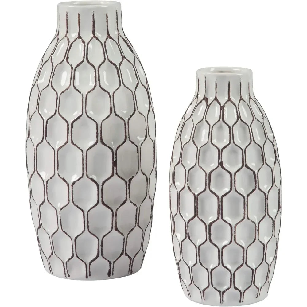 Geometric 2 Piece Ceramic Bottle Neck Vase Set, White and Brown