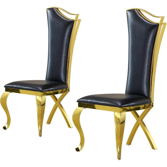 Dining Chairs Set of 2,Modern Leather Upholstered Chairs with High Backrest Gold/Stainless Steel Legs