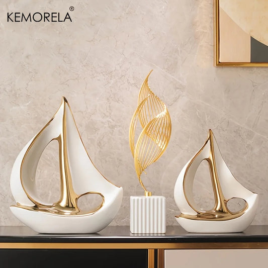 1PCS Ceramic Luxury Sailboat Sculpture Post-modern Living Room Ornaments Office Desk Accessories Decorative Boat Figurines Craft