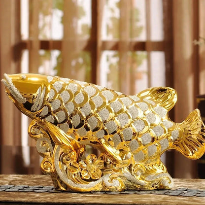 European Ceramic Handicraft Gold Arowana Porcelain Figurine Feng Shui