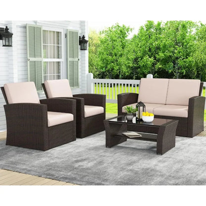 4 Piece Outdoor Patio Furniture Sets, Rattan Sofa Chair with Cushion for Backyard Lawn Garden