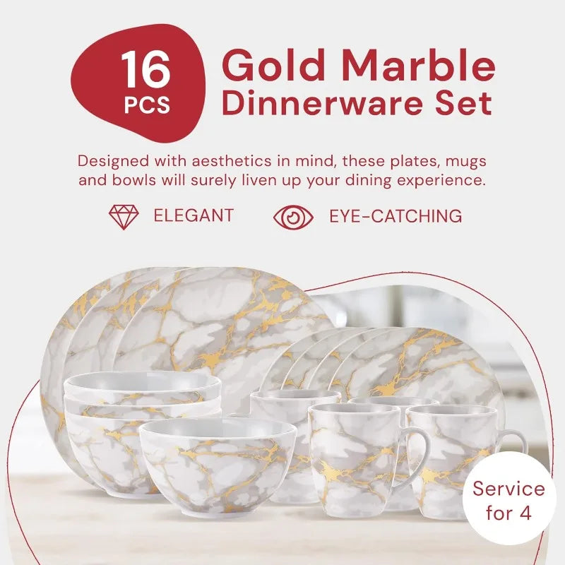 Marble Plates and Bowls Sets, Modern Kitchen 12-Piece Dinnerware Sets, Indoor and Outdoor Plates