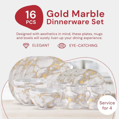 Marble Plates and Bowls Sets, Modern Kitchen 12-Piece Dinnerware Sets, Indoor and Outdoor Plates