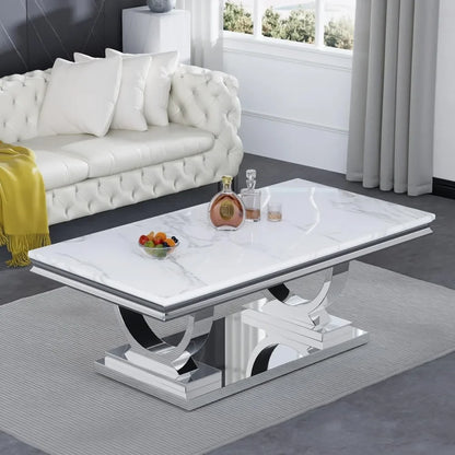 47" Rectangular Coffee Table, Modern White Faux Marble Cocktail Table, with Mirrored Finish Stainless Steel Base