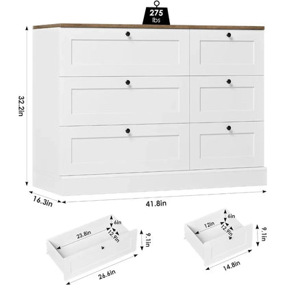 6 Drawer Dresser, White Dresser for Bedroom, Wood Chest of Drawers, Wide Double Dresser