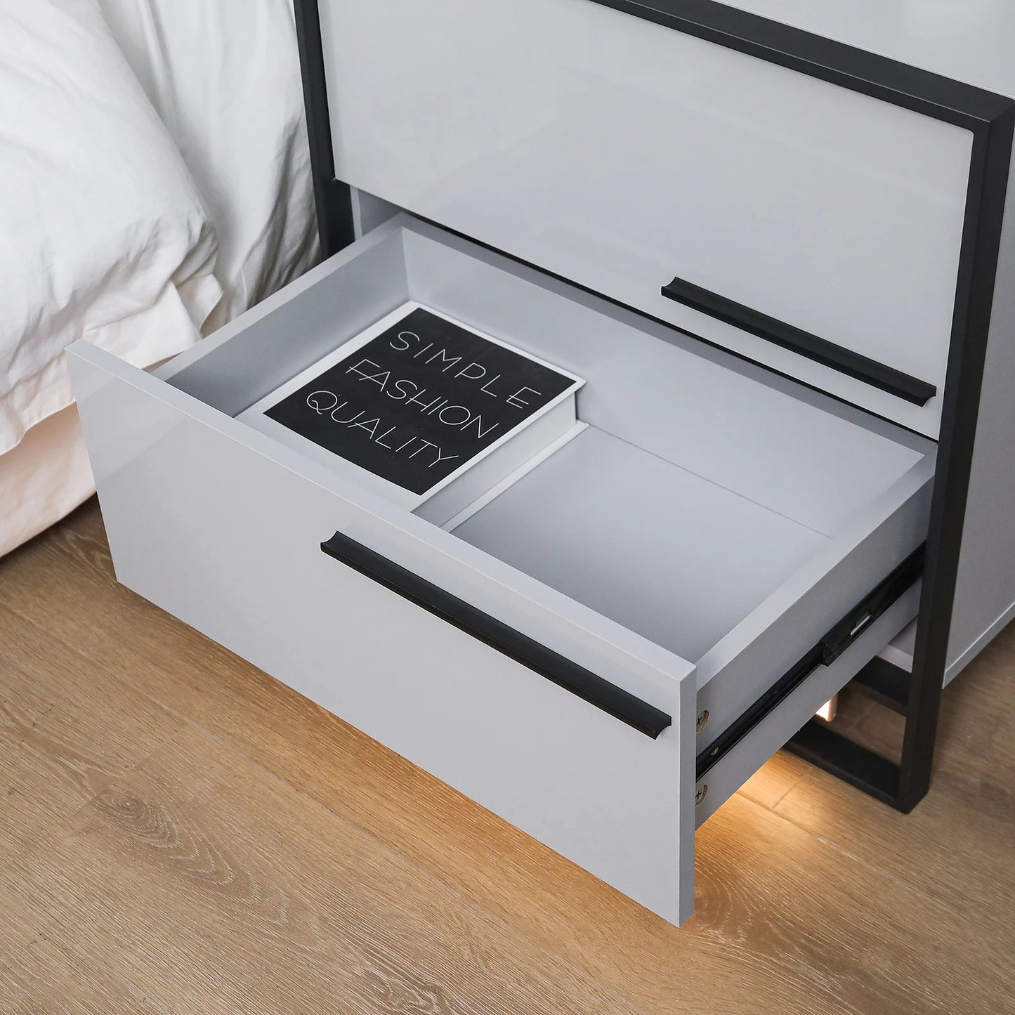 Auto Led Nightstand with High Gloss Drawer Grey Led Night Stand with Metal Frame Bedside Table with 3 Color Magnetic Wireless