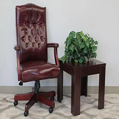 Classic High-Back Executive Chair in Burgundy Vinyl with Mahogany Finish