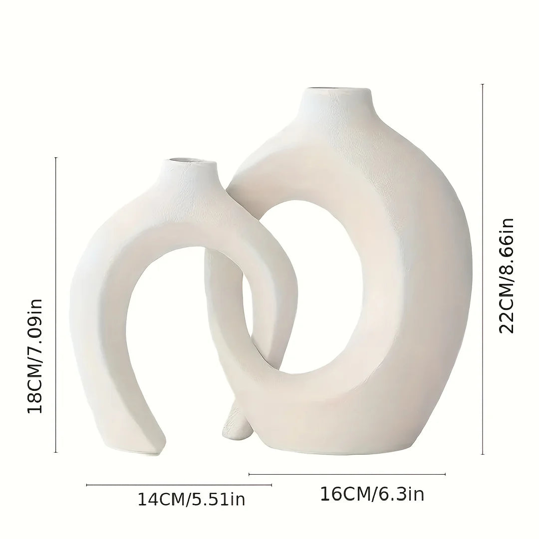 Ceramic Vase Set of 2 for Modern Home. Hollow Flower Vases for Room Bookshelf