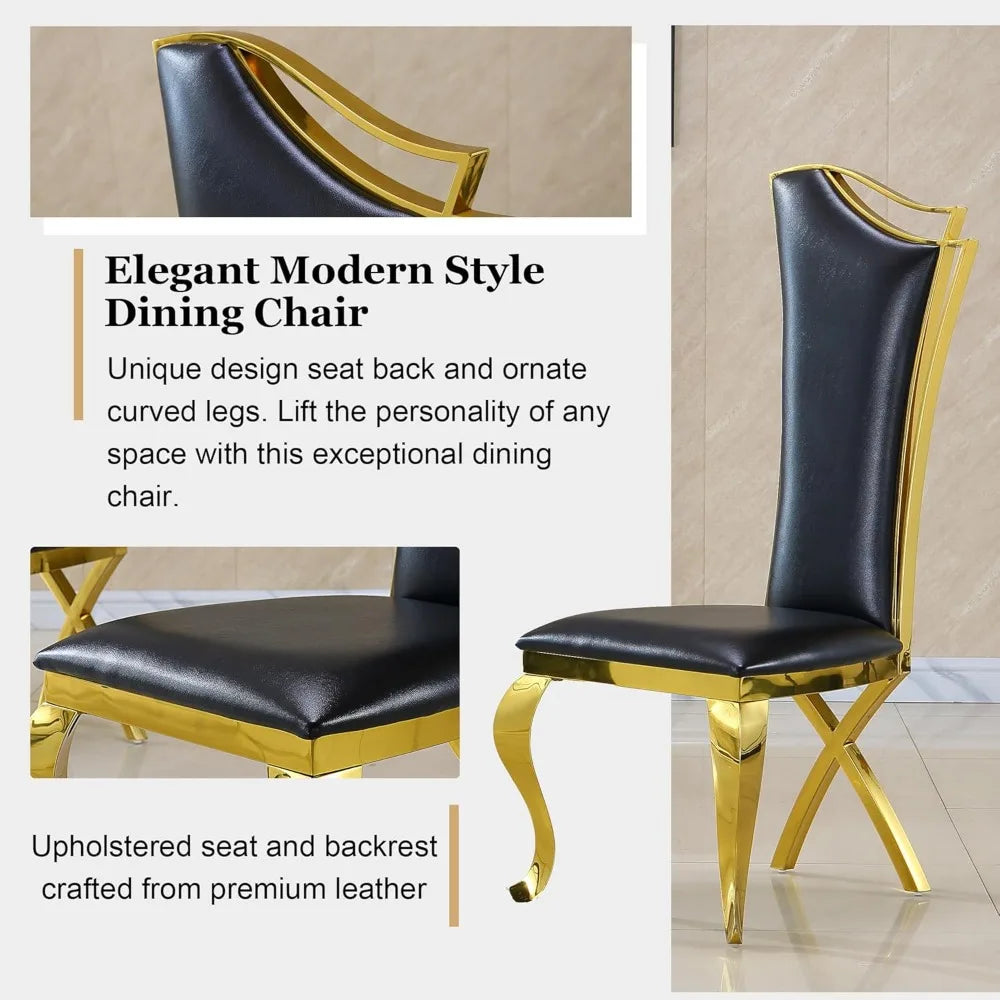 Dining Chairs Set of 2,Modern Leather Upholstered Chairs with High Backrest Gold/Stainless Steel Legs