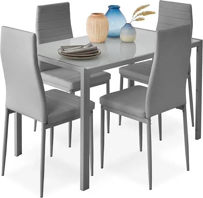 Glass Dining Set Modern Kitchen Table Furniture for Dining Room Dinette Compact Space-Saving w/Glass Tabletop PU Chairs