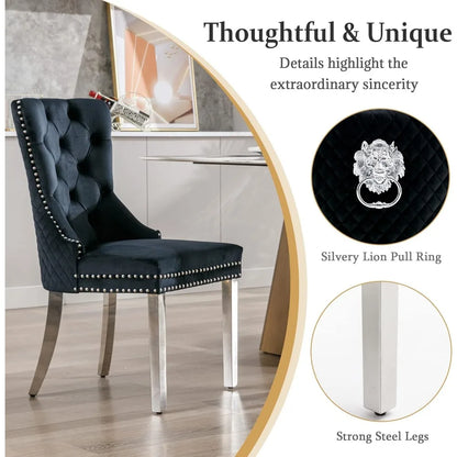 Dining Room Chairs Set of 2, Luxury Velvet Kitchen Chair Sliver Metal Legs, Tufted Upholstered Back Lion (Pull Ring),