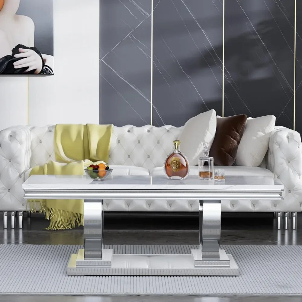 47" Rectangular Coffee Table, Modern White Faux Marble Cocktail Table, with Mirrored Finish Stainless Steel Base