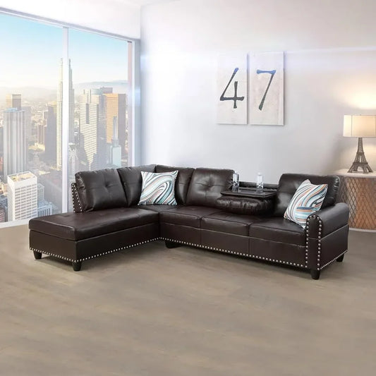 2 Piece Faux Leather Left Facing Sectional Sofa,furniture living room,  luxury modern, sofa Brown