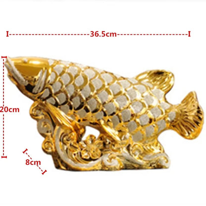 European Ceramic Handicraft Gold Arowana Porcelain Figurine Feng Shui