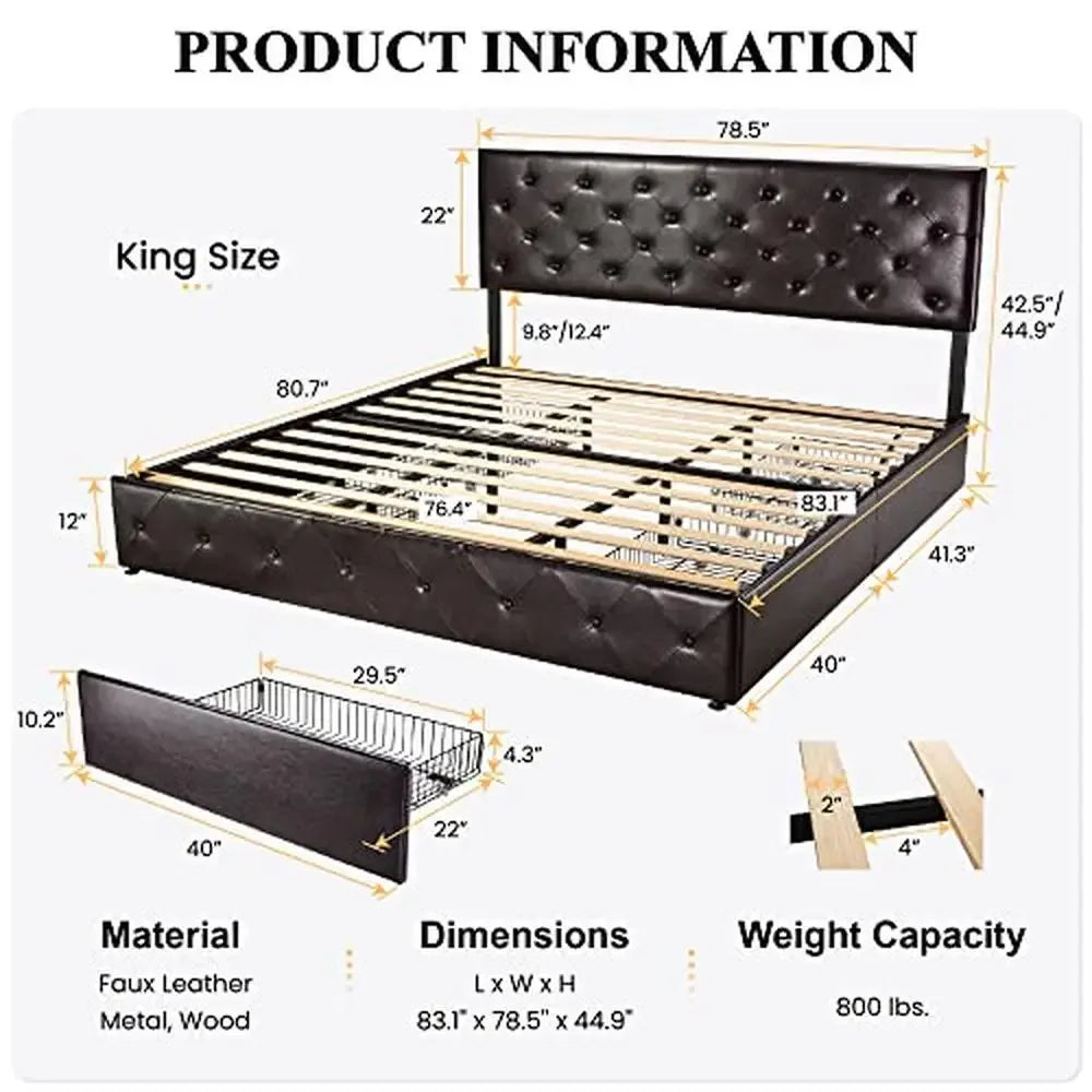 King Platform Storage Bed Frame 4 Drawers Adjustable Headboard Faux Leather Diamond Button Tufted Sturdy Wooden Slats Luxurious