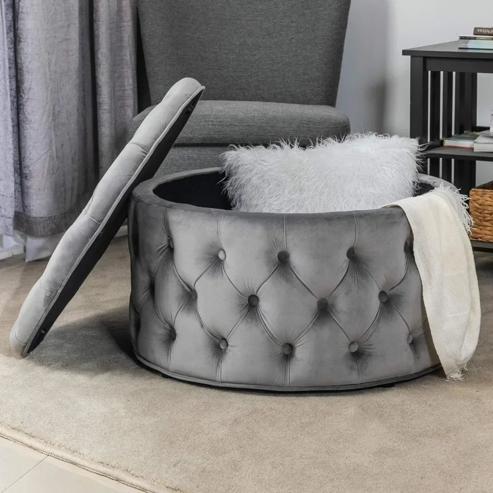 28 Inch Round Velvet Storage Ottoman Foot Stool Tufted Footrest Stool Coffee Table for Living Room (Grey)