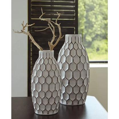 Geometric 2 Piece Ceramic Bottle Neck Vase Set, White and Brown