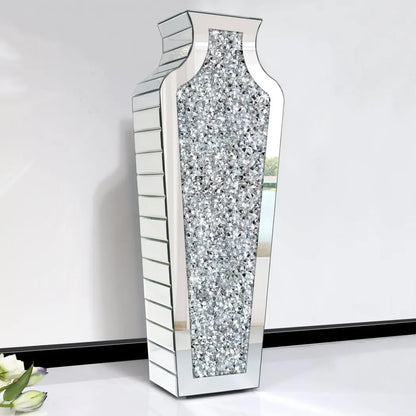 Crushed Diamond Mirrored Vase 27” Tall, Crystal Silver Glass Mirror Vase Large