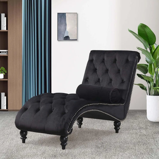 Chaise Lounge Indoor, Velvet Upholstered Lounge Chair Button-Tufted Armless Chair with Pillow