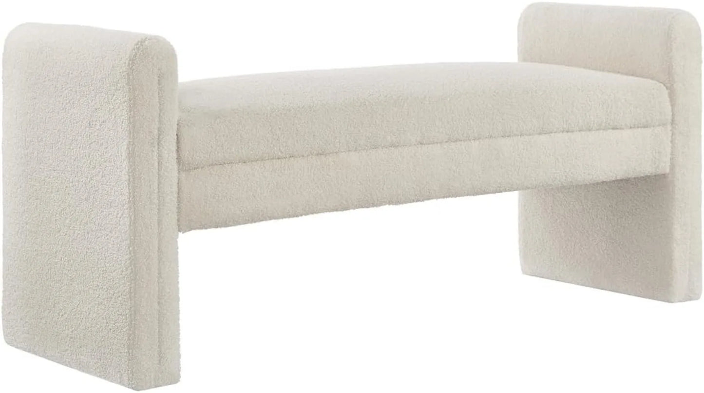 24KF Modern Boucle Teddy Lovely Bench, Upholstered Bed Bench Entryway Bench Ottoman with Armrest -Cream