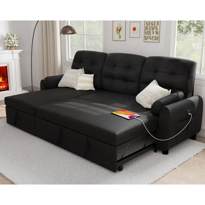 Sectional Sofa Couch, 87" Sleeper Sofa Bed with Reversible Storage Chaise Pull Out Couch for Living Room | Side Pocket