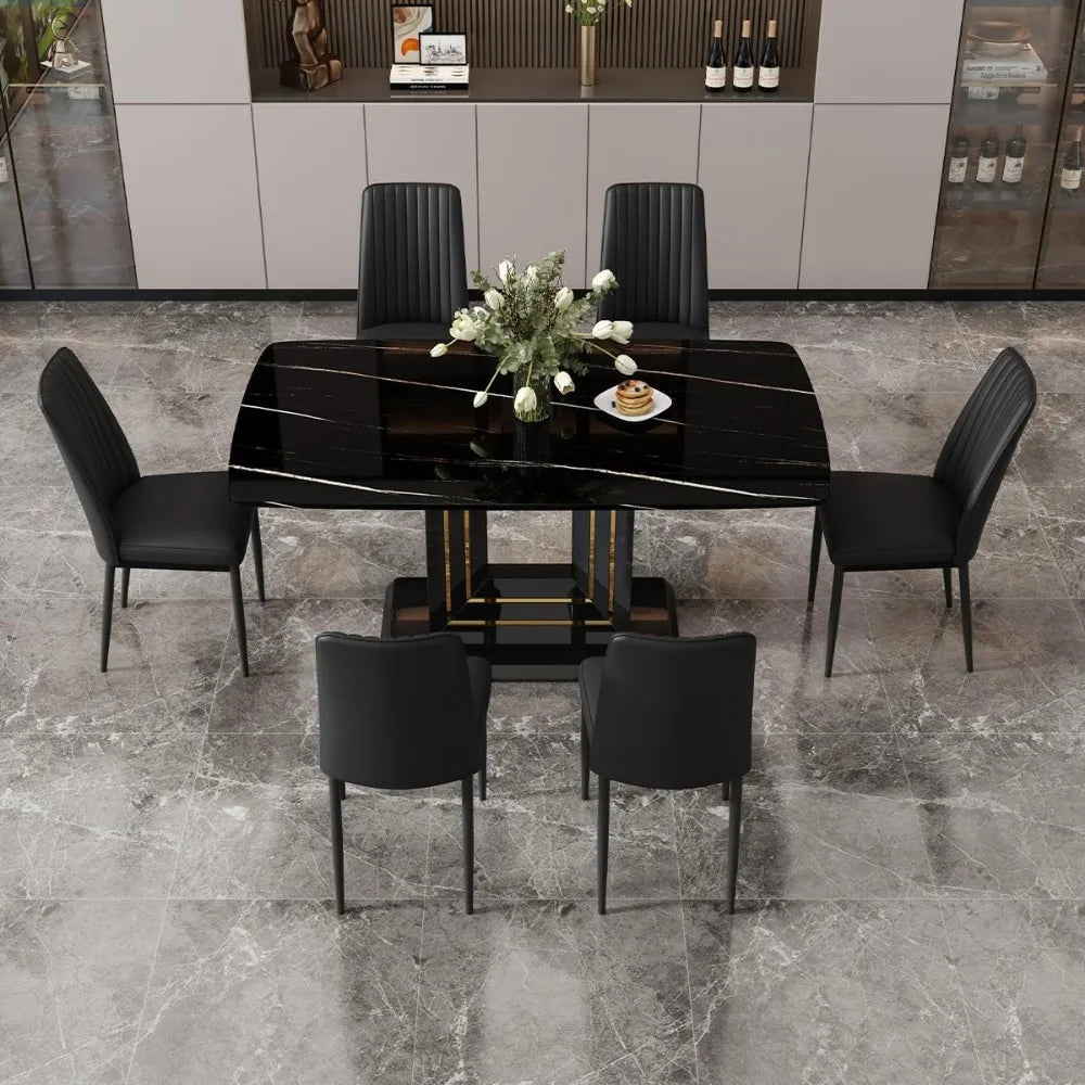 Dining Table Set for 6, Table and Chairs for 6, Black Faux Marble Pattern Table with 6 Dining Chairs Suitable for Kitchen Sets