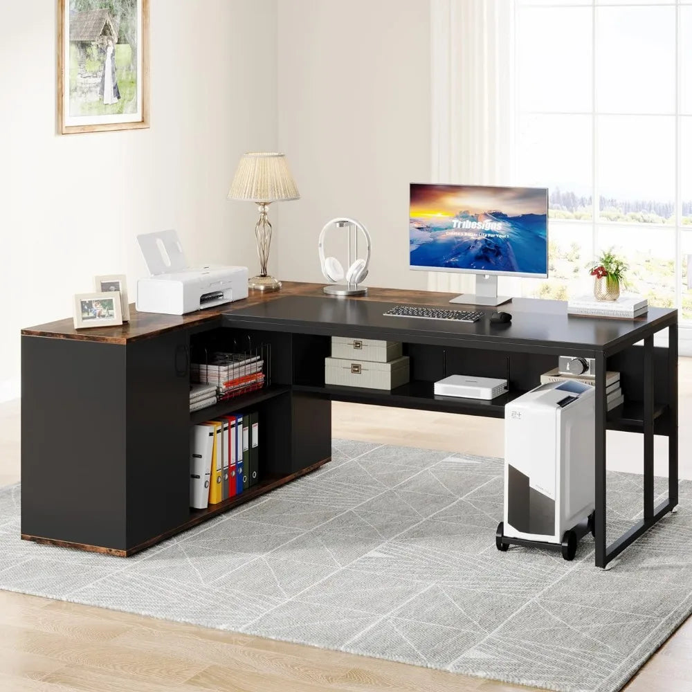 71-inch Executive Desk, L Shaped Desk with Cabinet Storage, Business Furniture Desk Workstation Office