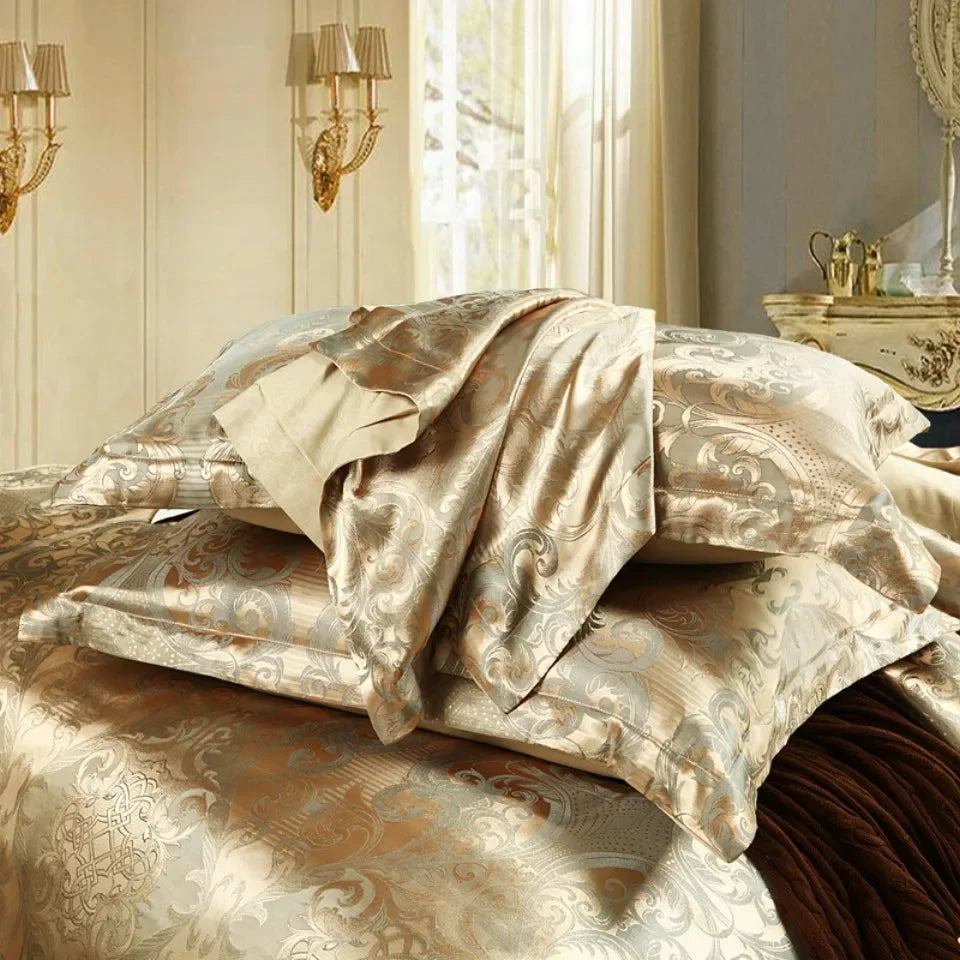 2/3PCS Luxury Jacquard Bedding Set King  Size Duvet Cover Flower Golden High Quality  with 2 Pillowcase（single 1 Pillowcase）