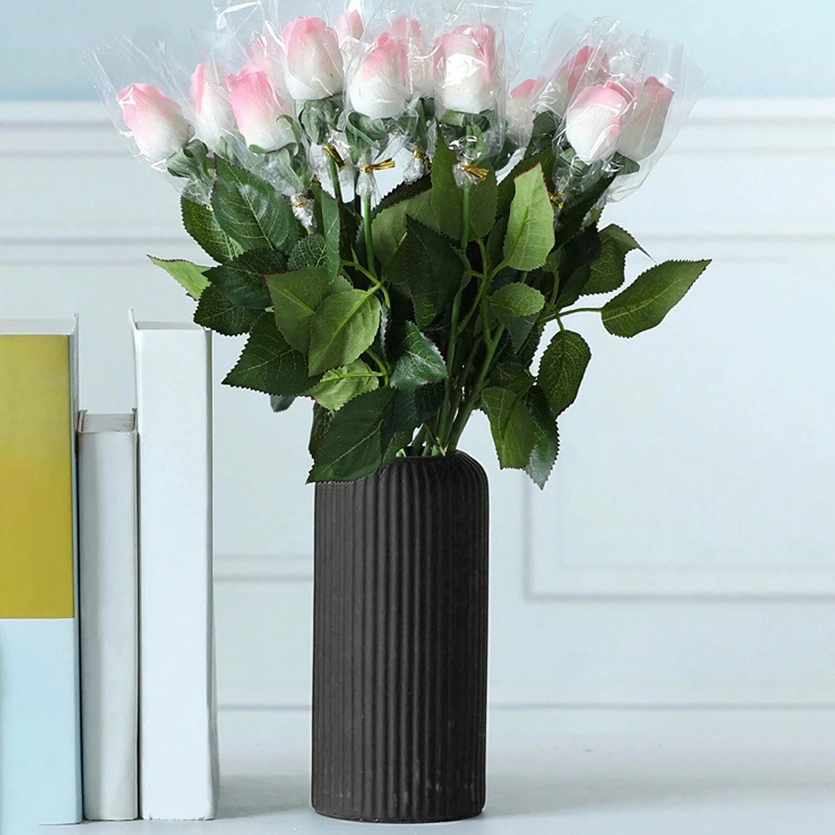 Striped Ceramic-Like Plastic Vase for Floral Arrangement