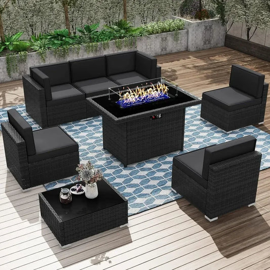 8 Piece Patio Furniture Conversation Sofa Set with 44" Propane Gas Fire Pit Table, Outdoor Sectional Black Rattan Wicker Sofa Set