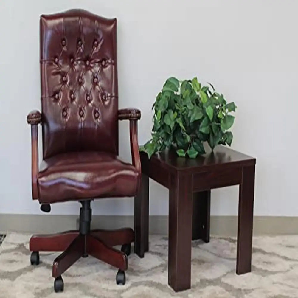 Classic High-Back Executive Chair in Burgundy Vinyl with Mahogany Finish