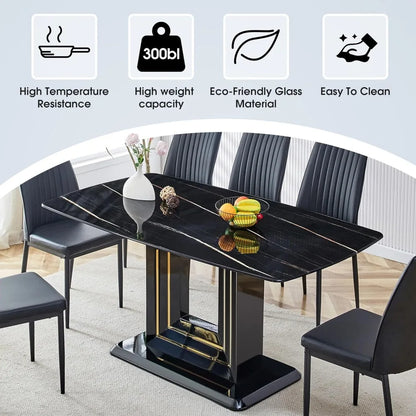 Dining Table Set for 6, Table and Chairs for 6, Black Faux Marble Pattern Table with 6 Dining Chairs Suitable for Kitchen Sets