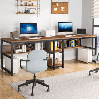 Tribesigns Two Person Desk with Bookshelf, 78.7 Computer Office Double Desk for Two Person, Rustic Writing Desk Workstation